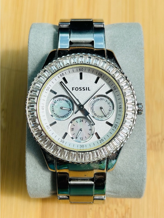 Fossil Accessories - Fossil Silver Tone Multi-Function Stainless Steel Watch Crystal Baguette 38mm